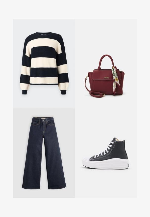 Dryžuotas megztinis su plačiomis tamsiai mėlynomis ir smėlinėmis horizontalėmis juostelėmis. Raukšlėta apykaklė ir rankogaliai, laisvas siluetas. Minkšta tekstūra.; Tamsiai mėlynos pločio kojos džinsai su kontrastingomis siūlėmis. Yra tradicinis penkių kišenių dizainas ir mygtuko užsegimas liemenyje.; Juoda aukšta sneaker su baltais raišteliais ir guminiu padu. Yra lygaus odos tekstūros ir baltos siūlės akcentais.; Bordo rankinė, pagaminta iš sintetinių medžiagų, su struktūrizuotu dizainu, turinti nuimamą dirželį ir gėlių raštą turinčią skarą, pririštą prie rankenos.