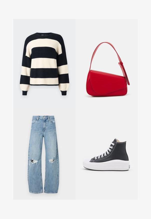 Striped sweater featuring wide navy blue and cream horizontal stripes. Ribbed neckline and cuffs with a relaxed fit. Soft texture.; Light blue, high-waisted jeans made of denim. Feature wide legs, two torn knee areas, and classic five-pocket styling.; Black high-top sneaker with white laces and rubber sole. Features a smooth leather texture and white stitching accents.; Red leather handbag with an angular, geometric design. Features a single adjustable strap and a flap closure with stitched detailing.