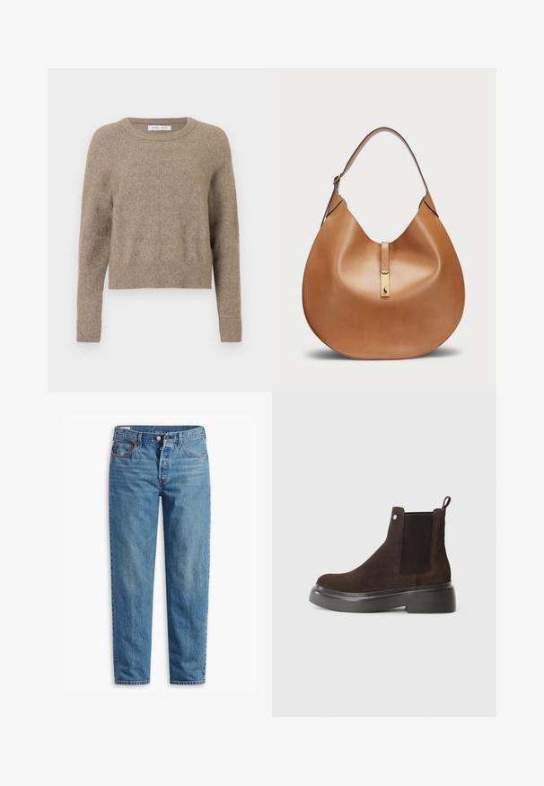 Puha anyagból készült bézs környakú pulóver. Rugalmas mandzsettákkal és aljjal rendelkezik, enyhén cropped kialakítással és minimális textúrával.; Kék farmernadrág, egyenes fazonnal, cipzáros záródással, két elülső zsebbel és finom kopásnyomokkal az anyagon.; Barna velúr bokacsizma rugalmas oldalsó panelekkel, húzófüllel és vastag fekete gumitalppal. Simaságot és matt felületet kínál.; Barna bőr kézitáska íves formával és széles vállpánttal. Középen arany fém díszítéssel és sima felülettel rendelkezik.