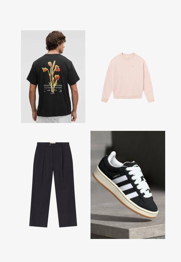 Svijetlo ružičasti dukserica izrađena od mekog materijala, s rebrastim manžetama i donjim dijelom, s malim izvezenim logom na prsima.; Crna pamučna majica s šarenim cvjetnim grafičkim uzorkom na leđima, s bijelim natpisom ispod, i okruglim izrezom. Kratki rukavi.; Prilagođene tamnoplave hlače s visokim strukom, dva prednja nabora, kopčanje na dugme i ravne nogavice od glatkog materijala.; Crna tenisica s bijelim prugama, vezicama, teksturiranim gornjim dijelom i gumeni potplat. Na bočnoj strani se nalazi logo "CAMPUS" i gumeni potplat.