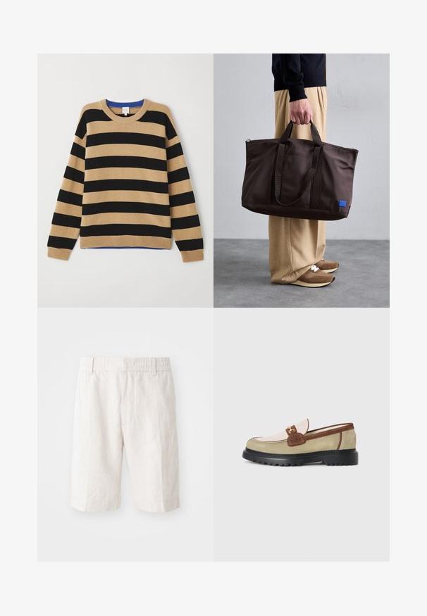 Gestreept sweatshirt met afwisselend zwarte en tan strepen, geribde ronde hals en blauwe accenten bij de hals. Zachte textuur, comfortabele pasvorm.; Linnen shorts in lichtbeige met een elastische tailleband, zijzakken en een rechte snit. Vlotte textuur met minimaal zichtbare stiksels.; Loafer met beige, lichtroze en bruine suède panelen, gouden metalen gespaccent, en dikke zwarte rubberen zool met profiel.; Bruine nylon draagtas met dubbele handvatten, ritsafsluiting en een blauw logo-label. Glad textuur, gestructureerd ontwerp, ruime binnenkant.