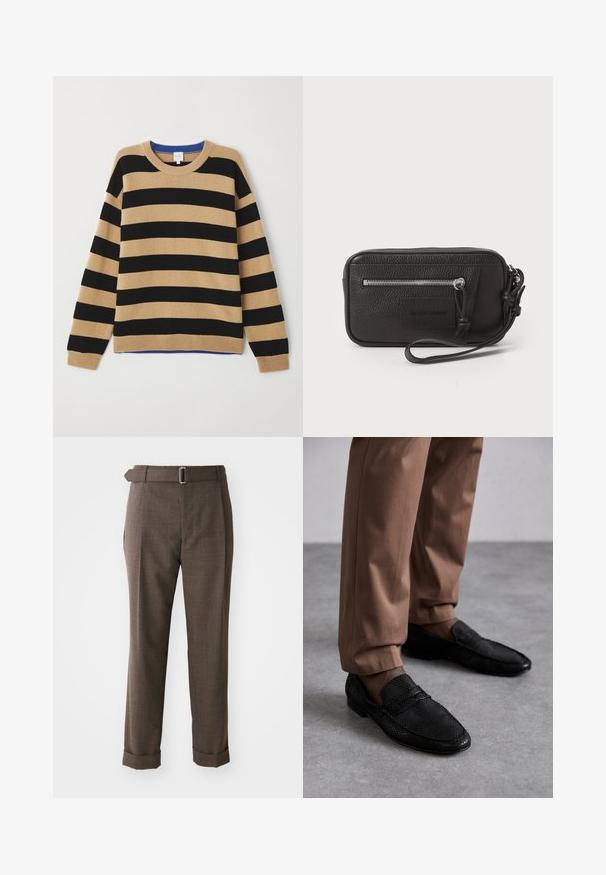 Striped sweater featuring alternating black and tan stripes, ribbed crew neck, and blue accent at the neck. Soft texture, relaxed fit.; Brown tailored trousers with a textured fabric, featuring a belt and turned-up cuffs. The design includes a flat front and side pockets.; Black loafers with a textured pattern, featuring a rounded toe and a low profile. Paired with tan trousers on a gray surface.; Black leather clutch with textured surface, front zip pocket, and detachable wrist strap. Features a logo patch on the front. Rectangular shape.