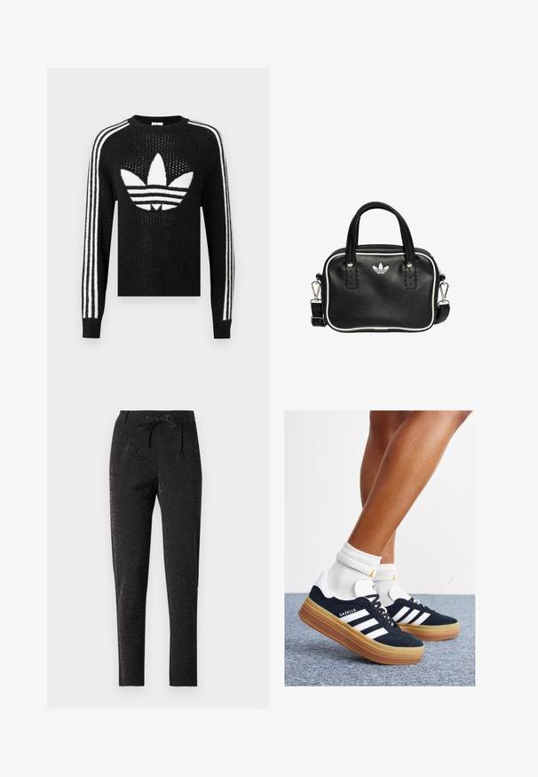 Černý pletený svetr se bílým logem Adidas trefoil a třemi bílými pruhy na každém rukávu. Texturovaná látka s mírným leskem.; Černé kalhoty s jemným třpytivým efektem, s elastickým pasem na šňůrku, rafinovaným střihem a užšími nohavicemi pro fitted siluetu.; Černé semišové tenisky s bílými pruhy a detaily, zaoblenou špičkou, podrážkou z gumy barvy žvýkačky, doplněné bílými žebrovanými ponožkami ke kotníkům.; Černá kožená kabelka se dvěma krátkými uchy, stříbrným kováním, bílými detaily a bílým logem. Má texturovaný povrch a kompaktní design.
