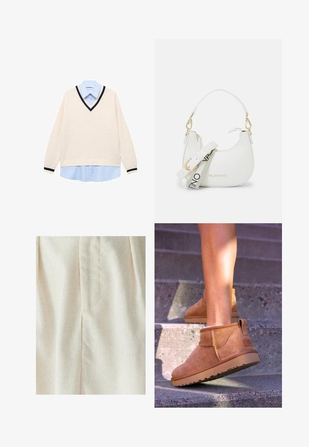 V-izrez pulover u krem boji s rebrastom teksturom, s mornarskim obrubom. Nositi preko svijetloplavog košulje s ovratnikom. Dugi rukavi.; WILLA MIMIE MIDI - Plisirana suknja - natural; Smešane čizme od tan velura s mekim tekstilom, sa šavnim detaljima i gumenim đonom, te petom s petljom za lako obuvanje.; Bijela torba s zakrivljenim siluetom, teksturirana koža, zlatni hardver i izmjenjiva traka s detaljima logotipa i kopčom.