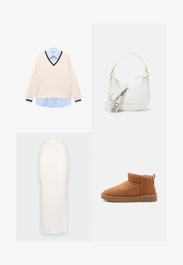 V-neck sweater in cream with ribbed texture, featuring a navy trim. Layered over a light blue collared shirt. Long sleeves.; Gina Tricot STRUCTURE MAXI SKIRT - Maxi skirt - white; Call it Spring JAMIELEE - Winter boots - camel; White handbag with a curved silhouette, textured leather, gold hardware, and a detachable strap featuring a logo and buckle detail.