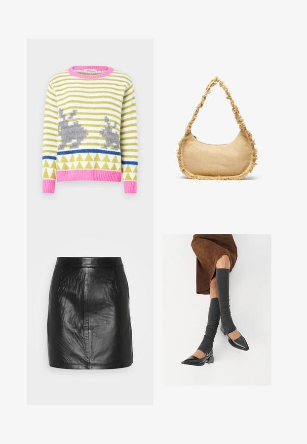 Oblečen pulover s pletenjem, zeleno-belimi črtami, sivimi motivi zajčkov, modro geometrijsko črto ter roza obrobo ovratnika in spodnjega roba. Mehka tekstura.; Črna usnjena mini krilo z gladko teksturo, prilegajočo silhueto, dvema stranskima žepoma in pasom brez vidne kovinske opreme.; Črne lakirane čevlje s pointy prsti in blok peto ter z naramnicami za gleženj, ki jih kombiniramo s sivimi rebrastimi nogavicami in rjavim suknjičem iz usnja.; Strukturirana bež torba zaokroženog oblika, s isfrcanim rubovima, i kratkim remenom za nošenje. Zatvaranje na donjem dijelu.