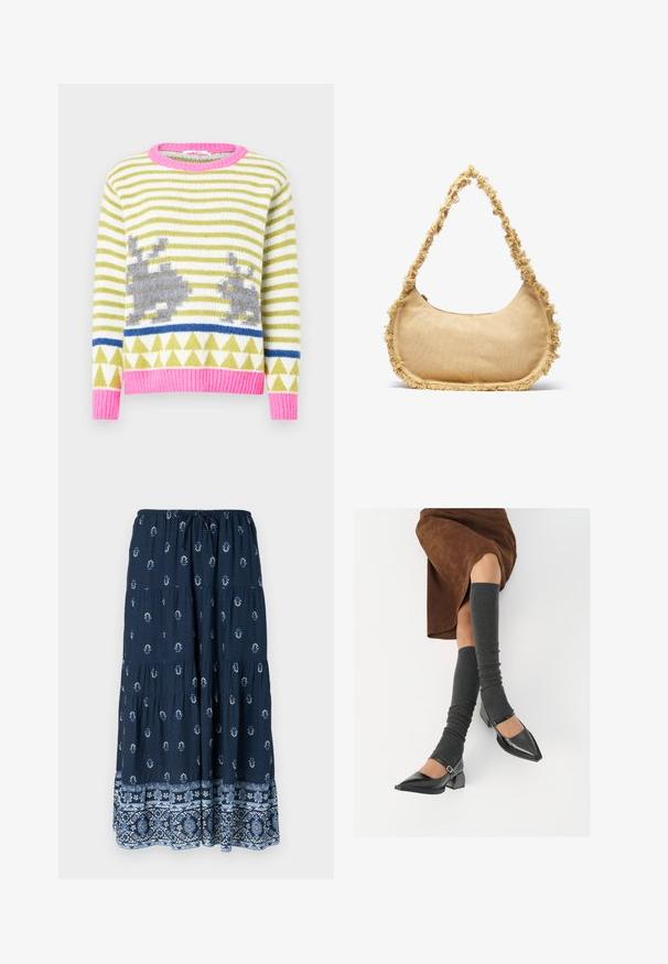 Gestrickter Pullover mit grünen und weißen Streifen, grauen Hasenmotiven, blauem geometrischem Streifen sowie einem pinkfarbenen, gerippten Kragen und Saum. Weiche Textur.; Navyblauer Maxirock mit elastischem Bund und Kordelzug. Mit weißen Blumenmustern und einem dekorativen blauen Saum.; Schwarze lacklederne spitze Schuhe mit Blockabsatz und Knöchelriemen, kombiniert mit grauen gerippten Beinstulpen und einem braunen Wildlederrock.; Texturierte beige Tasche mit runder Form, ausgefranstem Rand entlang der Kanten und einem kurzen Tragegriff. Mit einem Reißverschluss oben.