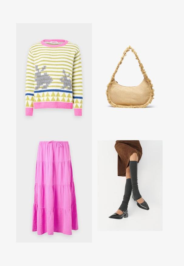 Knit sweater featuring green and white stripes, gray rabbit motifs, blue geometric band, and a pink ribbed collar and hem. Soft texture.; Long, tiered skirt in bright pink, made of soft, textured fabric. Features an elastic waistband with a drawstring for adjustable fit.; Black patent leather pointed-toe shoes with a block heel and ankle strap, paired with gray ribbed leg warmers and a brown suede skirt.; Textured beige bag with a rounded shape, frayed trim along the edges, and a short strap for carrying. Zippered opening at the top.