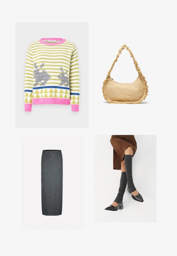 Pulover tricotat cu dungi verzi și albe, motive cu iepuraș gri, bandă geometrică albastră și guler și tiv roz, cu model șipcă. Textură moale.; Fustă midi de culoare gri închis, cu o textură netedă și un model floral embosat. Dispune de o talie înaltă, ajustată, cu o siluetă simplă și elegantă.; Pantofi negri din piele lacuită, cu vârful ascuțit, toc bloc și curea la glezna, asortați cu jambiere gri cu nervuri și o fustă din suede maro.; Geantă bej texturată cu o formă rotunjită, margini franjurate și o curea scurtă pentru purtare. Deschidere cu fermoar în partea de sus.