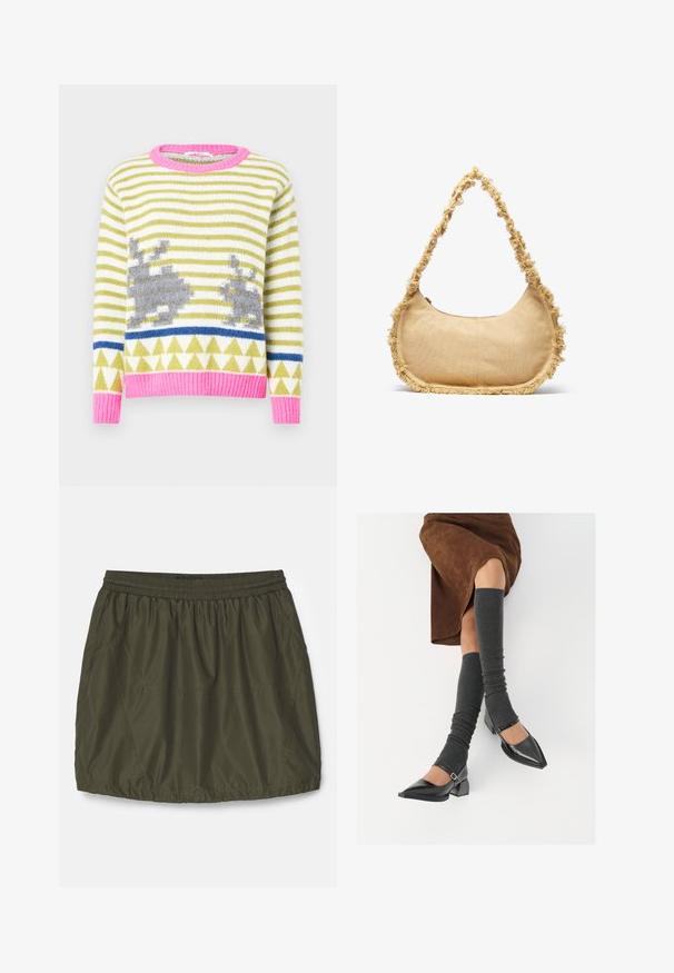 Knit sweater featuring green and white stripes, gray rabbit motifs, blue geometric band, and a pink ribbed collar and hem. Soft texture.; Olive green, lightweight skirt with an elastic waistband, gathered texture, side pockets, and stitched detailing.; Black patent leather pointed-toe shoes with a block heel and ankle strap, paired with gray ribbed leg warmers and a brown suede skirt.; Textured beige bag with a rounded shape, frayed trim along the edges, and a short strap for carrying. Zippered opening at the top.