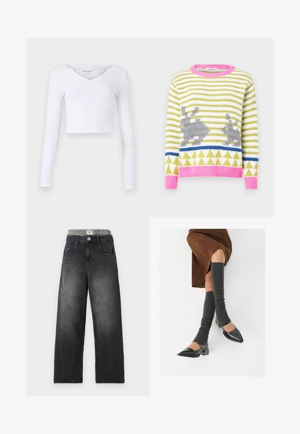 Pleteni džemper s prugama u zelenoj i bijeloj boji, sivim motivima zeca, plavom geometrijskom trakom te ružičastim rebrastim ovratnikom i rubom. Meka tekstura.; Bijela dugokrilna crop majica od rebrastog materijala. Ima V-izrez i uski kroj. Minimalistički dizajn bez vidljivih ukrasa.; Crne široke traperice od denima s pojasom u uzorku hloštona. Značajke uključuju prednje džepove i zatvaranje na gumb. Oštećena tekstura.; Crne lakirane cipele s šiljastim prstima, blok-petom i remenom oko gležnja, uparene s sivim rebrastim čarapama do koljena i smešnom suknjom od antilopa.