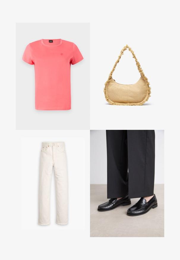 Megztinis su žaliai baltais dryžiais, pilkomis triušių motyvais, mėlyna geometrine juosta ir rožine ribbine apykakle bei apačia. Minkšta tekstūra.; Trumpas rankovėmis marškinėliai ryškiai koralinės spalvos, pagaminti iš minkštos medvilnės, su apvalia iškirpte ir subtiliu logotipo siuvinėjimu ant krūtinės.; Balti džinsai su tiesiais kojom, penkių kišenių stilius ir vario detalės. Neapdorotas apdailos kraštas ties kulkšnimis.; Juodi odiniai loaferiai su lygia apdaila, siuvinėjimu aplink pirštą ir žema gumine padu. Derinami su plačiomis juodomis kelnių.; Tekstūruotas bežinis krepšys su apvalia forma, nusidėvėjęs apvadas aplink kraštus ir trumpa rankena nešimui. Užtraukiama anga viršuje.