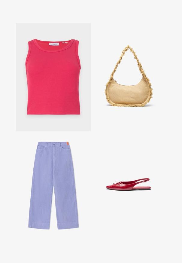 Neulottu villapaita, jossa on vihreitä ja valkoisia raitoja, harmaita jäniksen kuvioita, sininen geometrinen nauha sekä vaaleanpunainen resorikaulus ja -helma. Pehmeä materiaali.; Vartom puuvillasta valmistettu kirkkaan vaaleanpunainen ribbineuleinen tanktoppi, jossa on pyöreä kaula-aukko eikä hihoja. Sisäkauluksessa on sinisellä tekstillä varustettu etiketti.; Housut leveillä lahkeilla, vaalean violetista ribbineuloksesta, joissa on edessä nappikiinnitys, kaksi taskua ja oranssi korostus vyötäröllä.; Punainen nahkainen slingback-mokkasiini, jossa on teräväkärkinen muotoilu ja koristeellinen nauhakiinnitys edessä. Kenkässä on ohut nilkkaremmi ja tasapohja.; Beige laukku, jossa on pyöreä muoto, repsottavat reunat ja lyhyt kantokahva. Vetoketjullinen avaus ylhäällä.