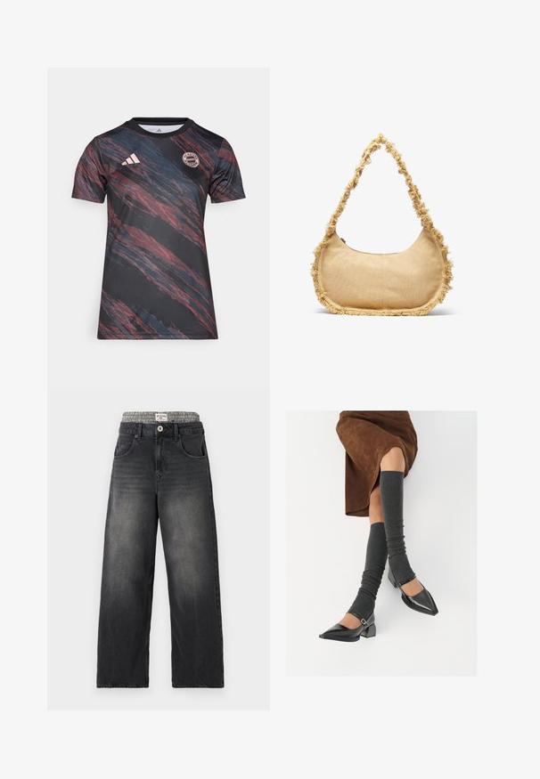 Oblečen pulover s pletenjem, zeleno-belimi črtami, sivimi motivi zajčkov, modro geometrijsko črto ter roza obrobo ovratnika in spodnjega roba. Mehka tekstura.; Črna športna majica z abstraktnimi rdečimi in modrimi črtami, logotipom Adidas, zaobljenim ovratnikom in emblemom Bayerna iz Münchna. Narejena iz gladkega materiala.; Črne denim široke hlače z pasom v vzorcu houndstooth. Lastnosti vključujejo sprednje žepe in zapiranje na gumb. Imajo obrabljeno teksturo.; Črne lakirane čevlje s pointy prsti in blok peto ter z naramnicami za gleženj, ki jih kombiniramo s sivimi rebrastimi nogavicami in rjavim suknjičem iz usnja.; Strukturirana bež torba zaokroženog oblika, s isfrcanim rubovima, i kratkim remenom za nošenje. Zatvaranje na donjem dijelu.