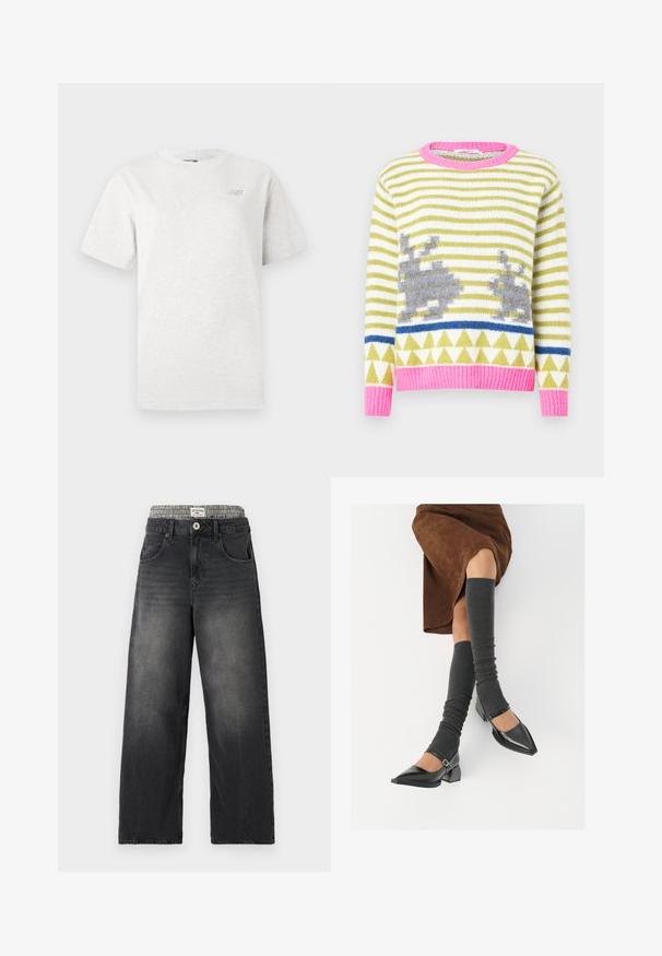 Zöld és fehér csíkos kötött pulóver szürke nyúl motívumokkal, kék geometriai mintával és rózsaszín bordázott gallérral és szegéllyel. Puha tapintású.; Szürke, rövid ujjú póló, mely puha pamutból készült, kerek nyakkivágással és egy kis logóval a bal mellen.; Fekete farmer széles lábú farmernadrág, sakktáblás mintájú derékkal. Jellemzői közé tartozik a frontzsebek és a gombos záródás. Hangsúlyozottan megkopott textúra.; Fekete lakk bőrből készült, hegyes orrú cipők, tömbsarkúakkal és bokapánttal, szürke bordás lábszármelegítőkkel és barna velúr szoknyával párosítva.