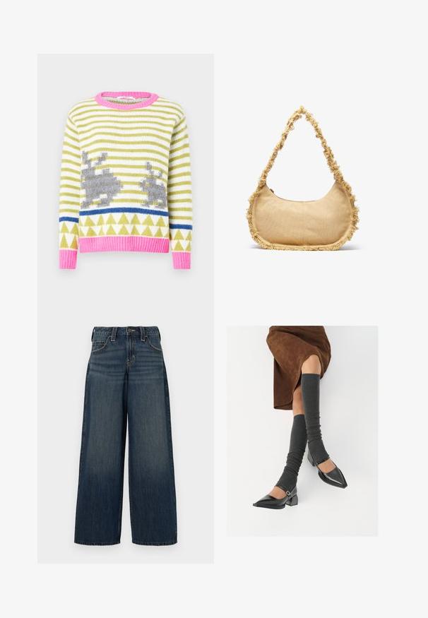 Strikket genser med grønne og hvite striper, grå kaninmotiver, blå geometrisk stripe og rosa ribbestrikket krage og kant. Myk tekstur.; Bredde ben jeans i mørkeblå denim. Har høy midje, fem-lommers design og kontrast søm. Glatt tekstur med lett falming.; Sorte lakkpumps med spiss tå, blokkhel, og ankelstropp, kombinert med grå ribbestrikkede beinvarmere og et brunt semsket skinn skjørt.; Teksturet beige veske med avrundet form, frynsete kant langs kantene, og en kort stropp for bæring. Glidelåsåpning på toppen.