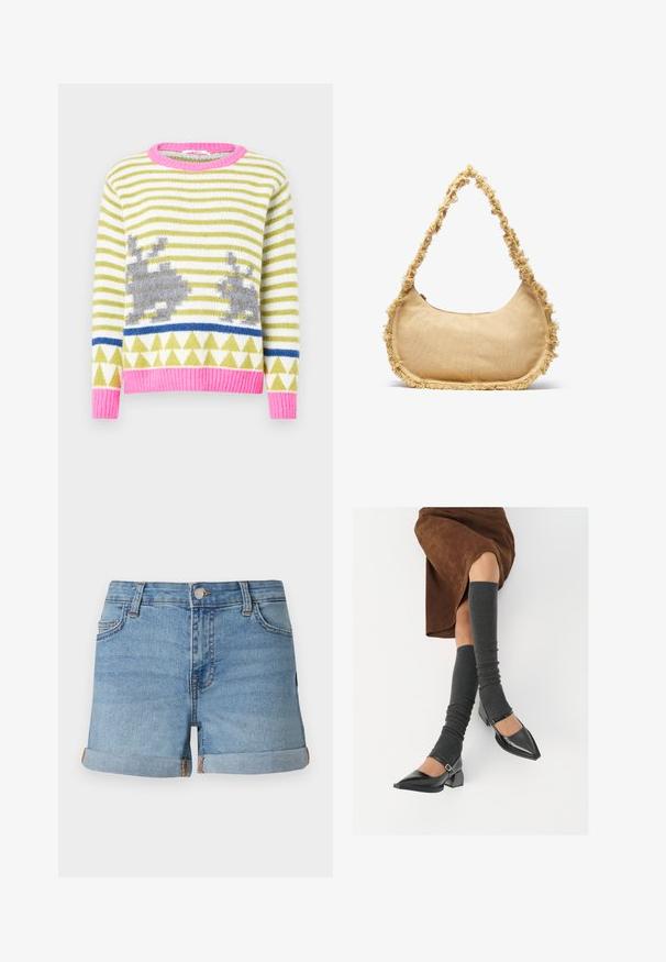 Pletený svetr se zelenými a bílými pruhy, šedými motivy zajíčků, modrým geometrickým pruhem a růžovým žebrovaným límcem a lemem. Měkká textura.; Světle modré denim šortky s ohrnutými lemy, předním zapínáním na knoflík a pěti kapsami, které mají kontrastní švy.; Černé lakované boty s špičatou špičkou, blokovým podpatkem a kotníkovým páskem, spárované s šedými žebrovanými návleky na nohy a hnědskou sukní z semiše.; Texturovaná béžová taška zaobleného tvaru se třepeným lemem podél okrajů a krátkým popruhem na nošení. Zipové otevírání nahoře.