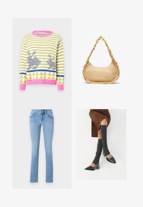 Strikket genser med grønne og hvite striper, grå kaninmotiver, blå geometrisk stripe og rosa ribbestrikket krage og kant. Myk tekstur.; Lyse blå denim bukser med slim fit, med knappelukking, frontlommer og litt falmet tekstur. Rett ben design.; Sorte lakkpumps med spiss tå, blokkhel, og ankelstropp, kombinert med grå ribbestrikkede beinvarmere og et brunt semsket skinn skjørt.; Teksturet beige veske med avrundet form, frynsete kant langs kantene, og en kort stropp for bæring. Glidelåsåpning på toppen.