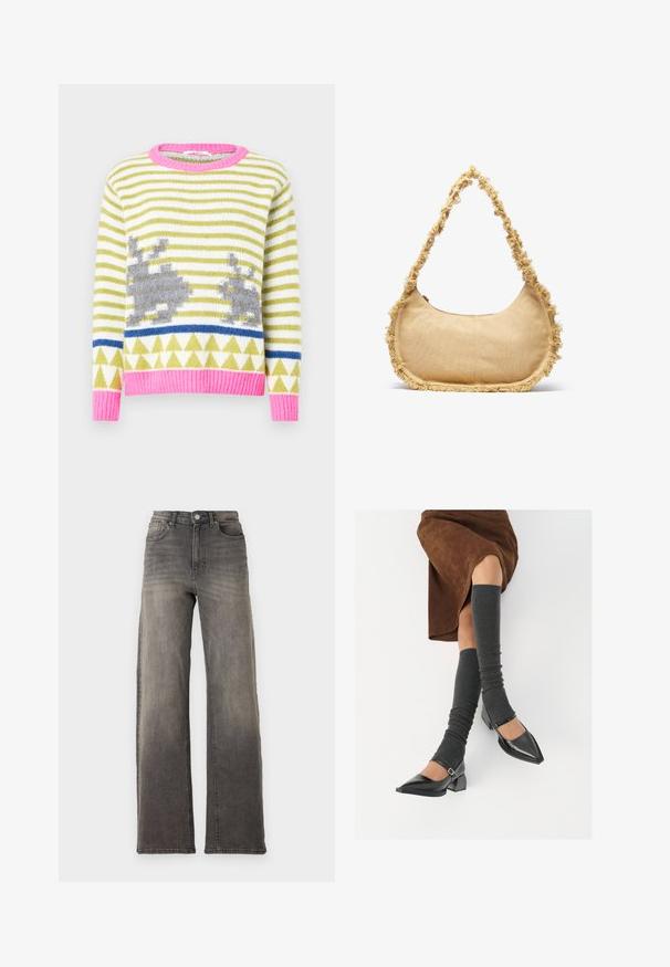 Strikket genser med grønne og hvite striper, grå kaninmotiver, blå geometrisk stripe og rosa ribbestrikket krage og kant. Myk tekstur.; Høyt midtlinjede grå denimjeans med en løs og bred passform. Har klassisk fem-lommers design og en lett falmet tekstur.; Sorte lakkpumps med spiss tå, blokkhel, og ankelstropp, kombinert med grå ribbestrikkede beinvarmere og et brunt semsket skinn skjørt.; Teksturet beige veske med avrundet form, frynsete kant langs kantene, og en kort stropp for bæring. Glidelåsåpning på toppen.