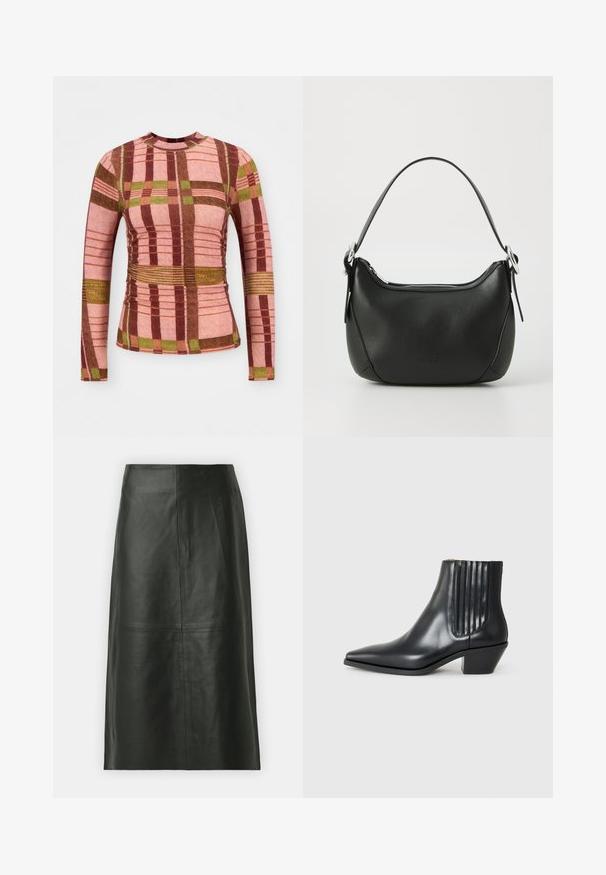 Bluză cu mânecă lungă, din material în carouri, cu nuanțe de roz, marron și verde, având un material texturat și detalii bufante la talie și mâneci.; Fustă midi din piele neagră cu croială dreaptă. Textură netedă, cusături minime și talie ajustată. Fără buzunare vizibile sau detalii suplimentare.; Cizme negre din piele, până la gleznă, cu vârful ascuțit, panouri elastice pe laterale cu striații verticale și toc mic, de tip bloc. Textură netedă și design elegant.; Geantă de mână din piele neagră cu o formă curbată, fermoar argintiu și o mânere scurtă. Previne un logo subtil pe față și o textură netedă.
