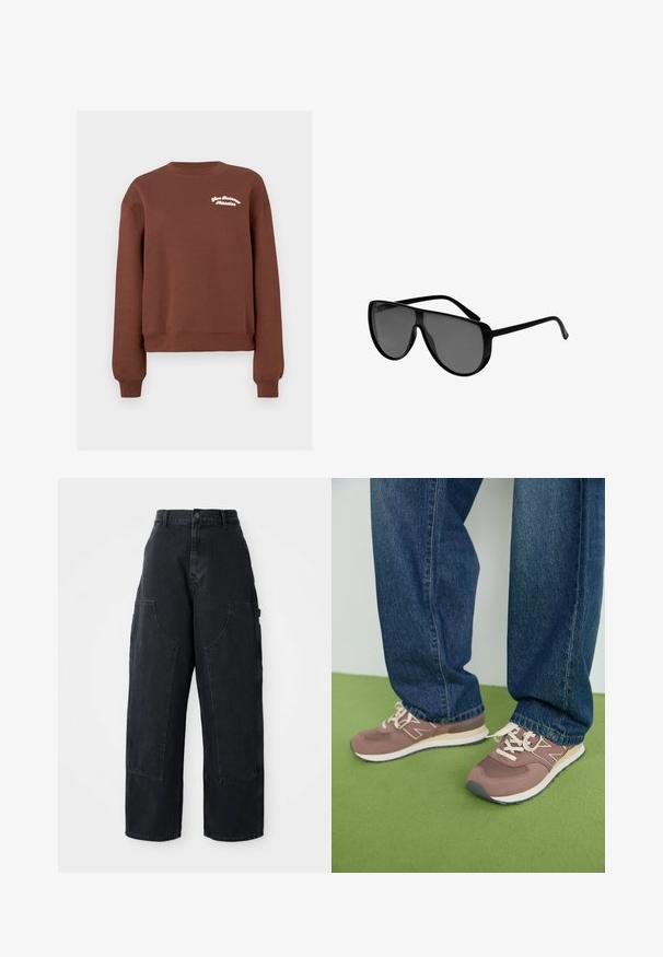 Brown sweatshirt made of soft cotton blend, featuring a crew neck, long sleeves, and a white embroidered text detail on the chest.; Black denim wide-leg cargo pants with a high waist, two large front pockets, and a button closure at the waist. Smooth texture, casual design.; Brown and mauve athletic shoes with white laces and a beige sole. Worn with blue denim jeans, set against a green surface.; Black oversized sunglasses with curved lenses, plastic frame, and sleek design. Features dark gray tint and slender temples for a modern look.