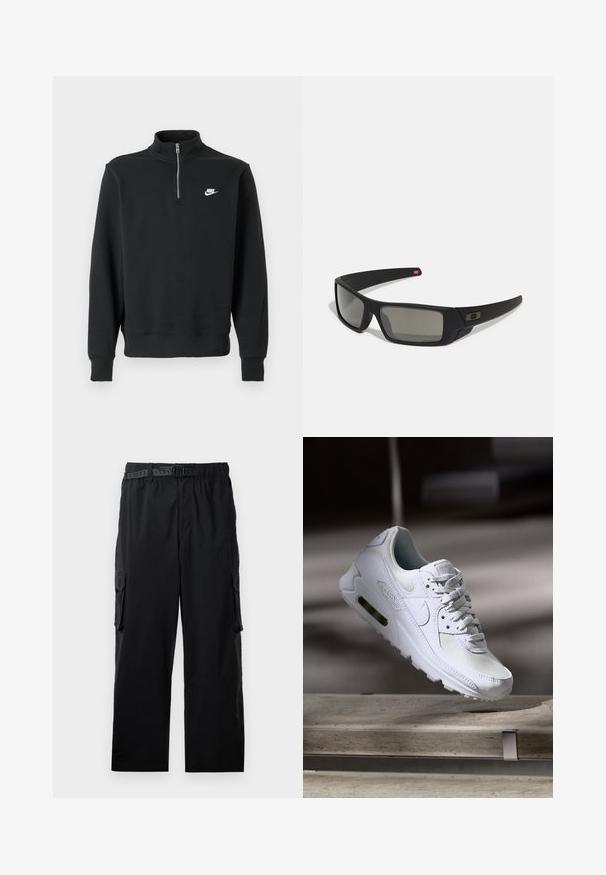 Fekete Nike negyed-cipzáras pulóver magas gallérral, hosszú ujjal és fehér Nike logóval a bal mellrészen, sima háttér előtt.; Fekete cargo nadrág könnyű anyagból, rugalmas derékkal, állítható övvel és több oldalzsebbel.; Fehér Nike Air Max 90 sneaker, amely hálós és bőr felsőrésszel, perforált orr-résszel és látható légpárnás egységgel rendelkezik a saroknál.; Fekete napszemüveg matt felülettel, téglalap alakú lencsékkel, enyhe ívvel a templomokon, diszkrét logó részlettel és füstszínű lencsékkel.