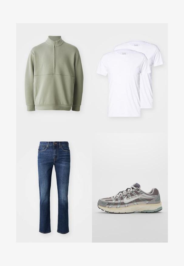 Gaiši zaļš, garām piedurknēm, džemperis ar augstu apkakli un pusi rāvējslēdzēju. Mīksta tekstūra ar horizontālu šuvju detaļu krūšu rajonā.; Divas baltas kokvilnas T-kreklas ar īsām piedurknēm, apaļiem dekoltē un Lee zīmolu uz etiķetēm. Gluda tekstūra, klasiskā piegriezuma, bez papildu rakstiem.; Tumši zilie džinsu bikses ar taisnu kāju griezumu. Iezīmes ietver rāvējslēdzēju, priekšējās kabatas un vieglu izbalēšanu uz augšstilbiem. Izgatavotas no denima auduma.; Pelēkie sporta apavi ar tīkla un zamša augšdaļu, baltiem akcentiem, mīkstinātu zoli un izcilu dizainu ar atstarotājiem.