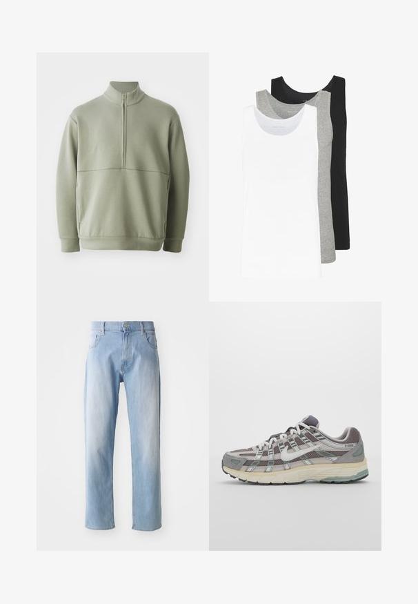 Light green, long-sleeve pullover with a high collar and half zipper. Soft texture with a horizontal seam detail across the chest.; Three tank tops in white, gray, and black. Each features a classic sleeveless design, made from lightweight cotton fabric with a ribbed texture.; Light blue denim jeans with a straight leg design, featuring five pockets, a button closure, and subtle fading effects.; Gray athletic shoe featuring a mesh and suede upper, white accents, a cushioned sole, and a distinctive design with reflective elements.