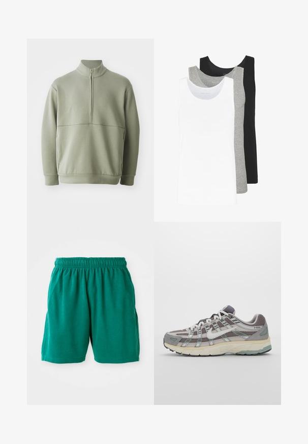 Lys grønn, langermet genser med høy krage og halv glidelås. Myk tekstur med horisontal sømdetalj over brystet.; Tre tank topper i hvit, grå og svart. Hver av dem har et klassisk ermeløst design, laget av lett bomullsstoff med en ribbestruktur.; Grønne bomullsshorts med elastisk midje, side lommer og sømdde kanter. Glatt tekstur med en avslappet, uformell passform.; Grå treningssko med overdel i nett og semsket skinn, hvite detaljer, en polstret såle, og et særpreget design med reflekterende elementer.
