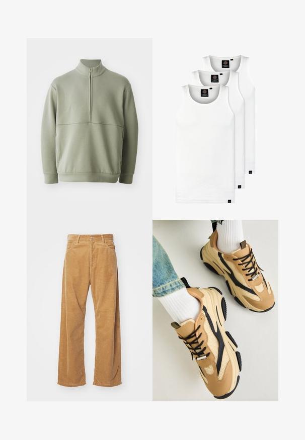 Svijetlozelena, dugosveđena majica s visokim ovratnikom i polu-zipperom. Mehak materijal s horizontalnom šavom preko prsa.; Tri bijele rebraste majice bez rukava od pamuka. Imaju okrugli izrez i male crne oznake blizu rubova. Dostupne su u više veličina.; Pamučne široke hlače od kordura u boji tamne bež. Imaju teksturirane, vertikalne pruge, standardni pojas i dva prednja džepa.; Steve Madden POSSESS - Tenisice - khaki