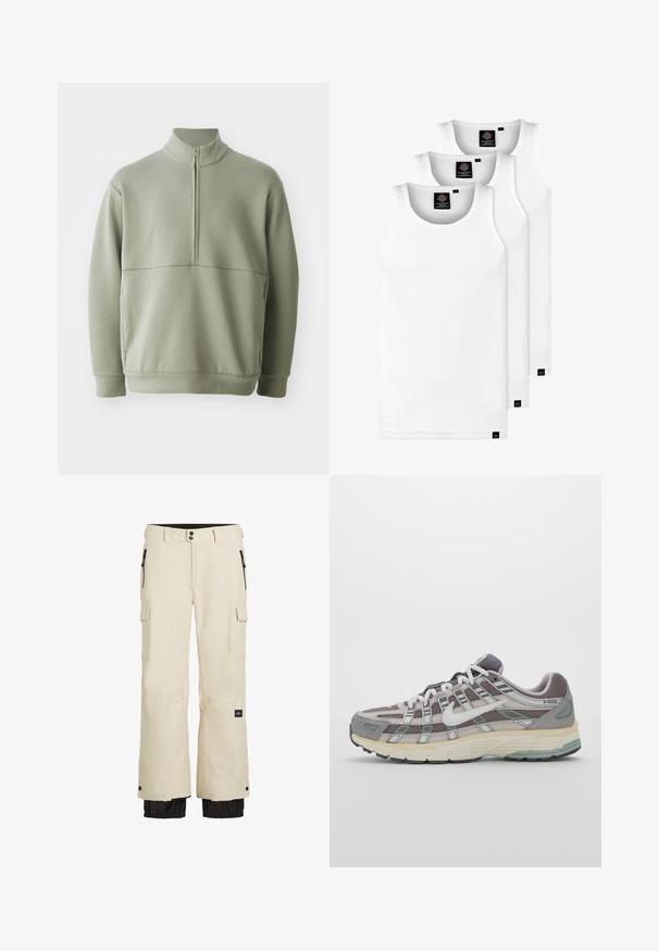 Vaaleanvihreä pitkähihainen neulepusero, jossa on korkea kaulus ja puoli vetoketju. Pehmeä pinta ja vaakasuora sauman yksityiskohta rinnassa.; Kolme valkoista ribbitekstiilistä toppia, jotka on valmistettu puuvillasta. Ominaisuuksiin kuuluu pyöreä pääntie ja pieni musta etiketti helman lähellä. Saatavilla useissa kooissa.; Beige cargo-housut mustalla alaosalla, jossa on elastiset hihnat, useita taskuja ja vetoketjukiinnitys. Valmistettu kestävästä, vedenkestävästä materiaalista.; Harmaa urheilukenkä, jossa on verkko- ja mokkanahkainen yläosa, valkoiset yksityiskohdat, pehmustettu pohja ja erottuva muotoilu heijastavilla elementeillä.