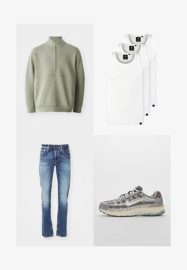 Lys grønn, langermet genser med høy krage og halv glidelås. Myk tekstur med horisontal sømdetalj over brystet.; Tre hvite ribbestrikkede tank topper laget av bomull. Har en rund hals og små svarte etiketter nær kanten. Tilgjengelig i flere størrelser.; Blå denimbukser med rett bendesign, lys slitasje, fem-lommers stil og kontrasterende sømdetaljer.; Grå treningssko med overdel i nett og semsket skinn, hvite detaljer, en polstret såle, og et særpreget design med reflekterende elementer.