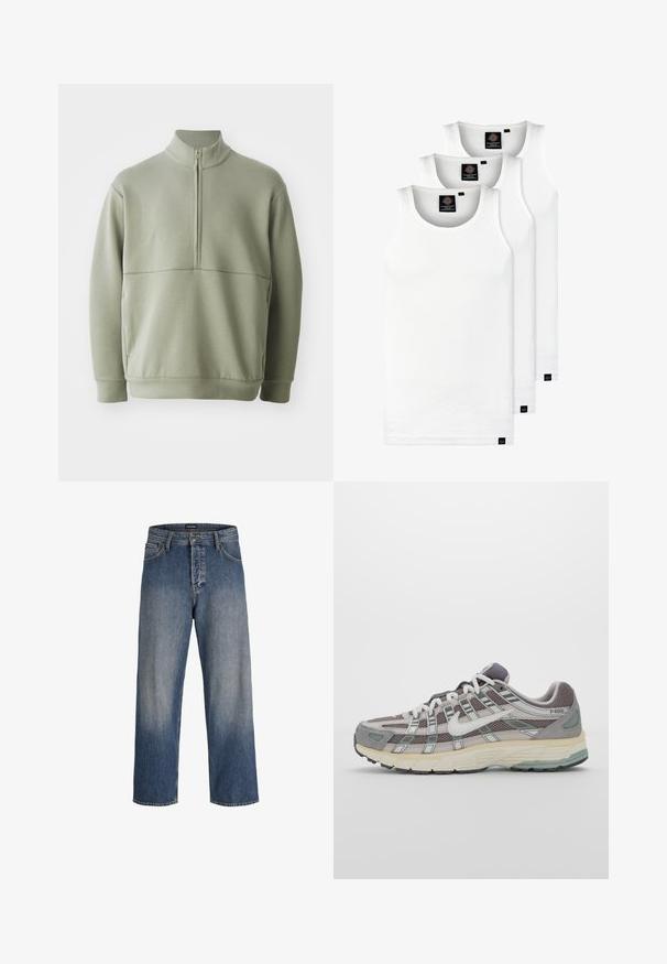 Vaaleanvihreä pitkähihainen neulepusero, jossa on korkea kaulus ja puoli vetoketju. Pehmeä pinta ja vaakasuora sauman yksityiskohta rinnassa.; Kolme valkoista ribbitekstiilistä toppia, jotka on valmistettu puuvillasta. Ominaisuuksiin kuuluu pyöreä pääntie ja pieni musta etiketti helman lähellä. Saatavilla useissa kooissa.; Siniset farkut, joissa on väljät leikkaukset, haalistunut kuviointi, viisi taskua, vyölenkit sekä napitettu ja vetskari-kiinnitys.; Harmaa urheilukenkä, jossa on verkko- ja mokkanahkainen yläosa, valkoiset yksityiskohdat, pehmustettu pohja ja erottuva muotoilu heijastavilla elementeillä.