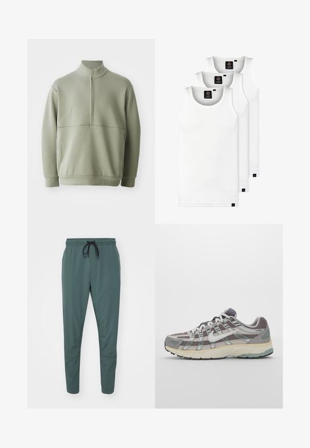 Ljusgrön, långärmad tröja med hög krage och halvmått. Mjuk textur med en horisontell sömdetalj över bröstet.; Tre vita ribbade linnen i bomull. Har rund halsringning och små svarta etiketter vid fållen. Finns i flera storlekar.; Nike Performance UNLIMITED PANT - Träningsbyxor - vintage green/black; Grå atletiska sko med en överdel av mesh och mocka, vita accenter, en vadderad sula och en unik design med reflekterande element.