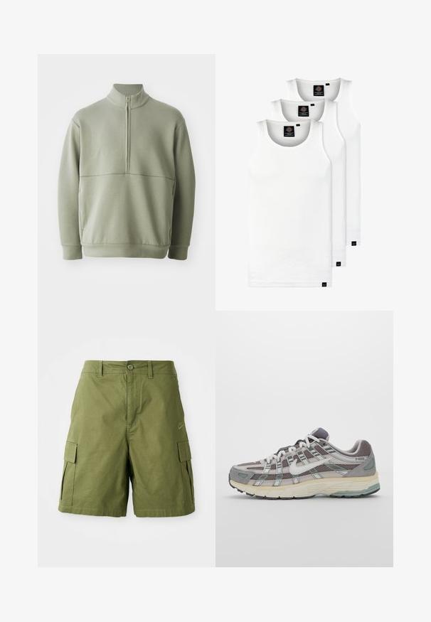 Šviesiai žalias, ilgos rankovės megztinis su aukšta apykakle ir pusiau užtrauktuku. Minkšta tekstūra su horizontalia siūle per krūtinę.; Trys balti, dryžuoti marškiniai be rankovių, pagaminti iš medvilnės. Yra apvalus kaklas ir maži juodi etiketės netoli siūlės. Siūlomi įvairių dydžių.; Žali krovinių šortai, pagaminti iš lengvos medžiagos, su priekiniais mygtukais, šoninėmis kišenėmis ir subtiliu kvadratiniu raštu. Šone yra Nike logotipas.; Pilkas sportinis batas su tinklu ir zomšos viršutine dalimi, baltomis detalėmis, paminkštintu padu ir išskirtiniu dizainu su atspindinčiais elementais.