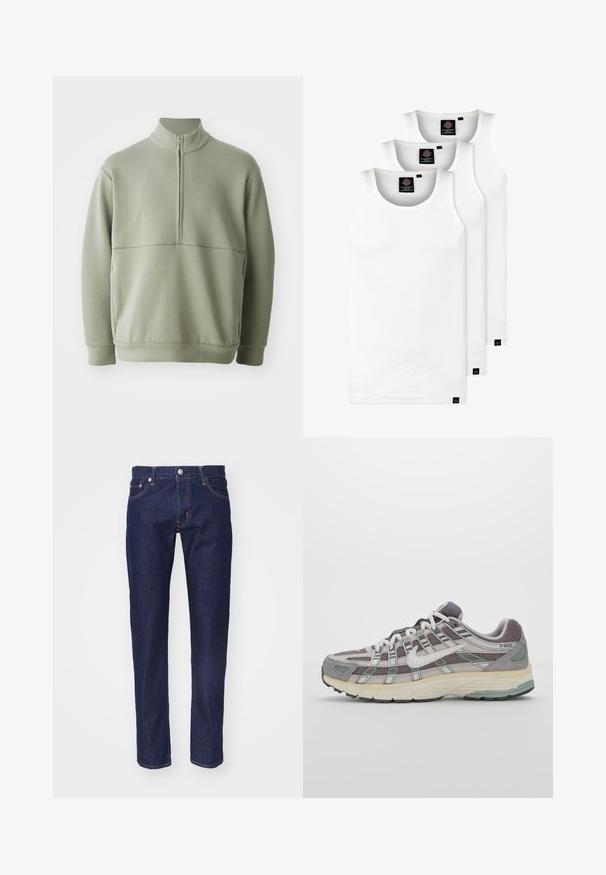 Svetlozelený, dlhý rukáv pulóver s vysokým golierom a polovičným zipsom. Mäkká textúra s horizontálnym švom cez hruď.; Tri biele rebrované tielka vyrobené z bavlny. Majú okrúhly výstrih a malé čierne štítky pri leme. Dostupné v rôznych veľkostiach.; Námořnické modré džíny s rovný fit, designem s pěti kapsami, kontrastním oranžovým prošíváním a stříbrným knoflíkem na zapínání v pase.; Šedá športová obuv so zvrškom z nylonu a semišu, bielymi akcentmi, polstrovanou podrážkou a jedinečným dizajnom s reflexnými prvkami.