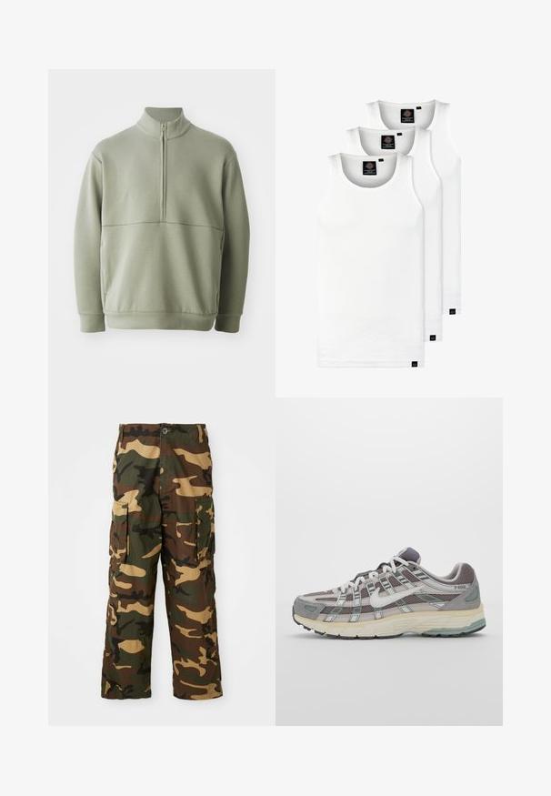 Light green, long-sleeve pullover with a high collar and half zipper. Soft texture with a horizontal seam detail across the chest.; Three white ribbed tank tops made of cotton. Features a crew neck and small black labels near the hem. Available in multiple sizes.; Camouflage cargo pants in green, brown, and beige. Features two large side pockets and a button closure. Made of textured fabric.; Gray athletic shoe featuring a mesh and suede upper, white accents, a cushioned sole, and a distinctive design with reflective elements.