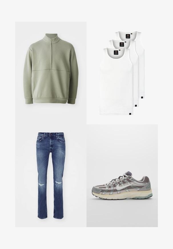 Vaaleanvihreä pitkähihainen neulepusero, jossa on korkea kaulus ja puoli vetoketju. Pehmeä pinta ja vaakasuora sauman yksityiskohta rinnassa.; Kolme valkoista ribbitekstiilistä toppia, jotka on valmistettu puuvillasta. Ominaisuuksiin kuuluu pyöreä pääntie ja pieni musta etiketti helman lähellä. Saatavilla useissa kooissa.; Tummansiniset farkut suorella lahkeella, joissa on kulutuspisteet polvissa, viisi taskua ja nappikiinnitys vyötäröllä.; Harmaa urheilukenkä, jossa on verkko- ja mokkanahkainen yläosa, valkoiset yksityiskohdat, pehmustettu pohja ja erottuva muotoilu heijastavilla elementeillä.