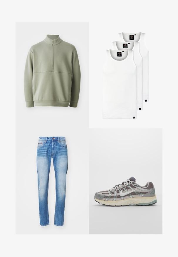 Gaiši zaļš, garām piedurknēm, džemperis ar augstu apkakli un pusi rāvējslēdzēju. Mīksta tekstūra ar horizontālu šuvju detaļu krūšu rajonā.; Trīs baltas ribotas krūšturi, kas izgatavoti no kokvilnas. Iezīmēti ar apaļu kakla izgriezumu un maziem melniem etiķetēm tuvu apakšmalai. Pieejami vairākos izmēros.; Gaiši zili džinsi ar šauru piegriezumu, kas izceļas ar nodilušām zonām, plēsi kreisajā ceļgalā un piecām kabatām.; Pelēkie sporta apavi ar tīkla un zamša augšdaļu, baltiem akcentiem, mīkstinātu zoli un izcilu dizainu ar atstarotājiem.