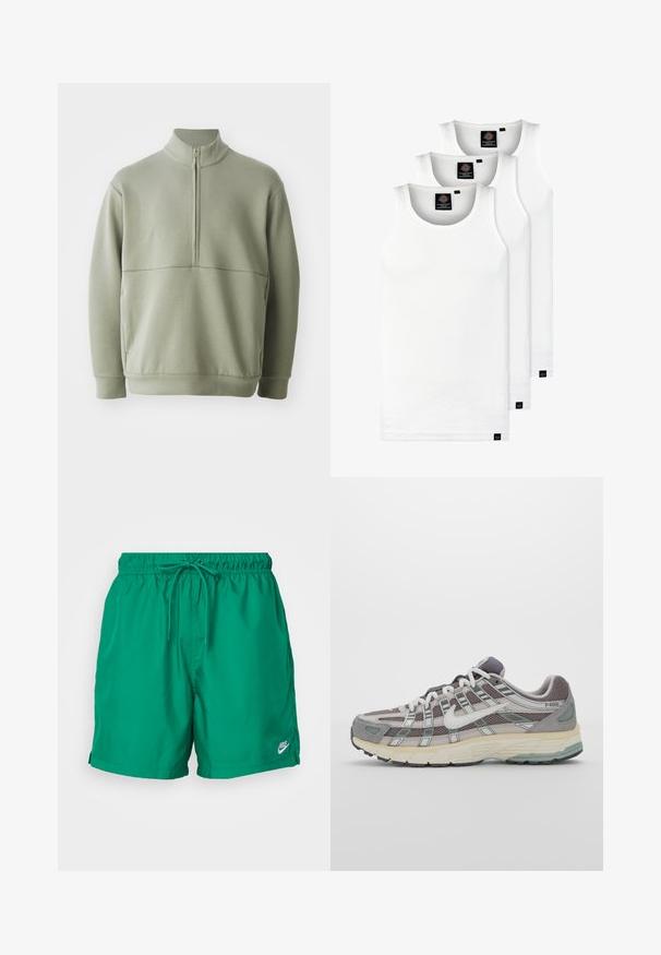 Gaiši zaļš, garām piedurknēm, džemperis ar augstu apkakli un pusi rāvējslēdzēju. Mīksta tekstūra ar horizontālu šuvju detaļu krūšu rajonā.; Trīs baltas ribotas krūšturi, kas izgatavoti no kokvilnas. Iezīmēti ar apaļu kakla izgriezumu un maziem melniem etiķetēm tuvu apakšmalai. Pieejami vairākos izmēros.; Zaļi vīriešu peldšorti, kas izgatavoti no viegla materiāla, ar elastīgu jostu un saņemamu auklu, kā arī nelielu Nike logo apakšmalā.; Pelēkie sporta apavi ar tīkla un zamša augšdaļu, baltiem akcentiem, mīkstinātu zoli un izcilu dizainu ar atstarotājiem.