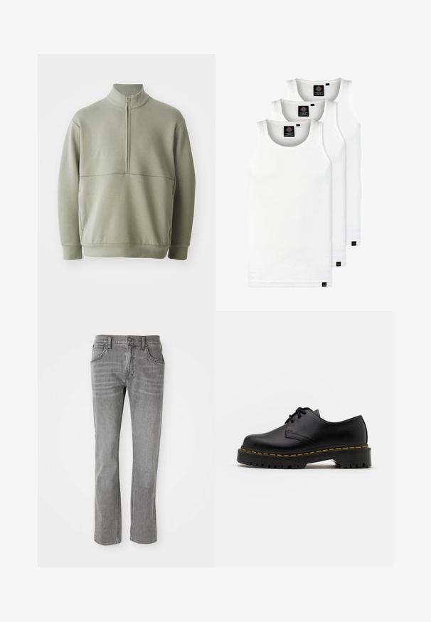 Suéter de manga larga verde claro con un cuello alto y media cremallera. Textura suave con un detalle de costura horizontal en el pecho.; Tres camisetas sin mangas de algodón de color blanco con canalé. Cuentan con cuello redondo y pequeñas etiquetas negras cerca del dobladillo. Disponibles en múltiples tamaños.; Vaqueros de mezclilla gris con un diseño de pierna recta, cinco bolsillos y un ligero desgaste. Presentan un cierre de botón de metal y cinturilla con trabillas.; Zapato negro de cuero con cordones, punta redondeada, suela de goma texturizada y costuras amarillas alrededor de la base. Diseño plano y acabado suave.