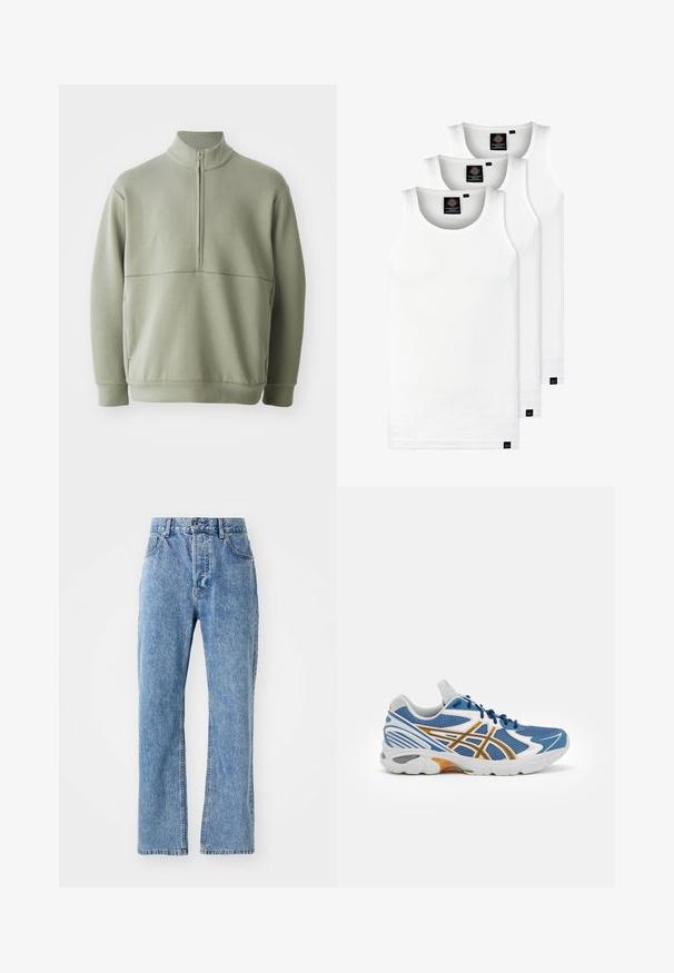 Világos zöld, hosszú ujjú pulóver magas gallérral és fél cipzárral. Puha tapintású, a mellkas fölött vízszintes varrási részlettel.; Három fehér csíkos pamut trikó. Felső része kerek nyakkivágású, és a szegély közelében kis fekete címkék találhatók. Több méretben elérhető.; Világoskék farmernadrág, magas derekú, széles szárú kivitelben, klasszikus öt zsebes stílusban, finom kopással az anyagon.; Kék sportcipő hálós felsőrésszel, fehér és narancssárga díszítéssel, párnázott középtalppal és texturált gumitalppal. Fűzős kialakítás jellemzi.