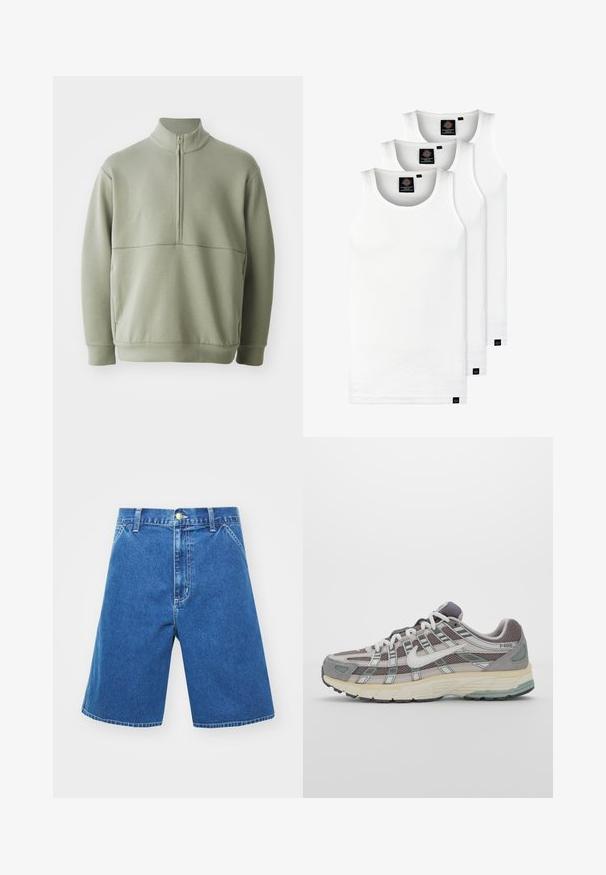 Lichtgroene, langslijve pullover met een hoge kraag en een halve rits. Zachte textuur met een horizontale naaddetails over de borst.; Drie witte geribde tanktops van katoen. Kenmerken zijn een ronde hals en kleine zwarte labels nabij de zoom. Verkrijgbaar in meerdere maten.; Denim shorts in een blauwe kleur, losse pasvorm, middelhoge taille, voorzakken en een knoopsluiting. Stikdetails langs de naden.; Grijze sportieve schoen met een bovenwerk van mesh en suede, witte accenten, een gevoerde zool en een onderscheidend ontwerp met reflecterende elementen.