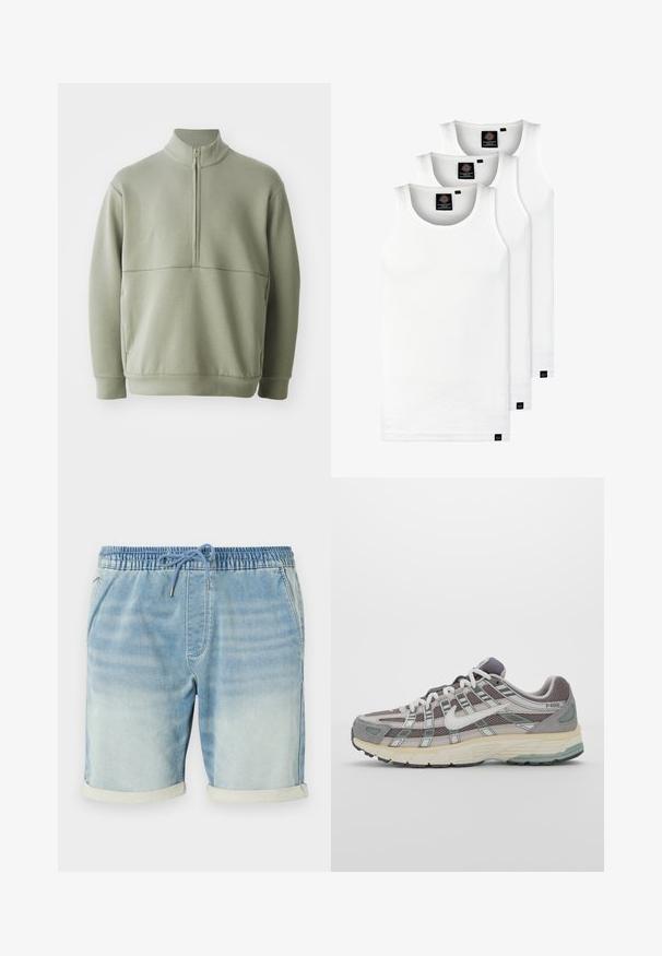 Világos zöld, hosszú ujjú pulóver magas gallérral és fél cipzárral. Puha tapintású, a mellkas fölött vízszintes varrási részlettel.; Három fehér csíkos pamut trikó. Felső része kerek nyakkivágású, és a szegély közelében kis fekete címkék találhatók. Több méretben elérhető.; Világoskék farmerrövidnadrág elasztikus derékkal, húzózsinórral, oldalsó zsebekkel és feltekert szegélyekkel. Sima textúra.; Szürke sportcipő, hálós és velúr felsőrésszel, fehér részletekkel, párnázott talppal és jellegzetes dizájnnal, amely visszaverő elemeket tartalmaz.