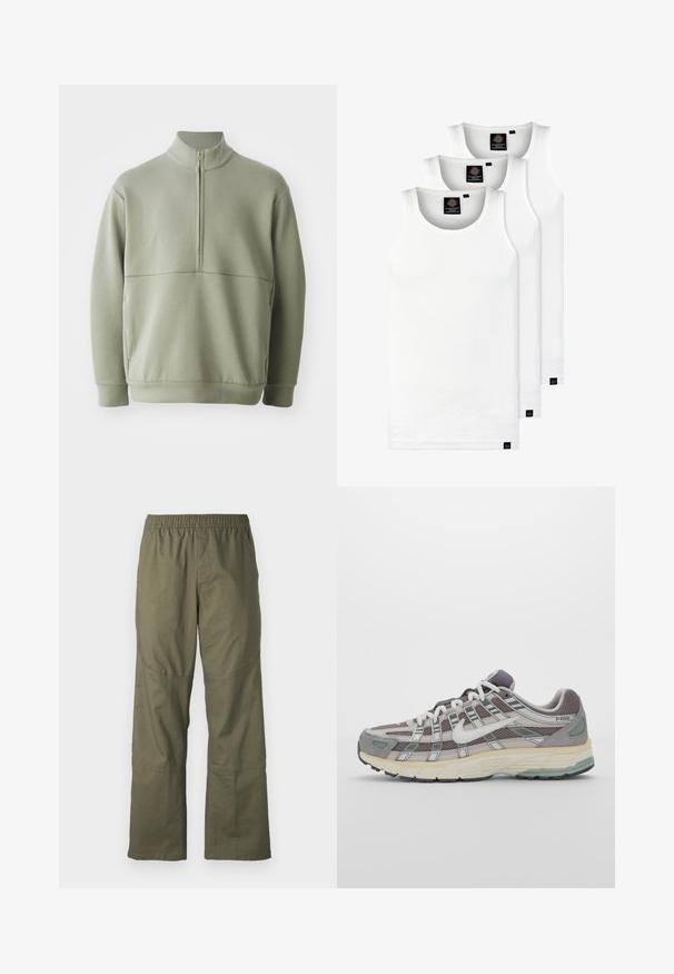Világos zöld, hosszú ujjú pulóver magas gallérral és fél cipzárral. Puha tapintású, a mellkas fölött vízszintes varrási részlettel.; Három fehér csíkos pamut trikó. Felső része kerek nyakkivágású, és a szegély közelében kis fekete címkék találhatók. Több méretben elérhető.; Olíva zöld cargo nadrág rugalmas derékkal, széles lábakkal és térdrész díszítéssel, tartós anyagból készült.; Szürke sportcipő, hálós és velúr felsőrésszel, fehér részletekkel, párnázott talppal és jellegzetes dizájnnal, amely visszaverő elemeket tartalmaz.