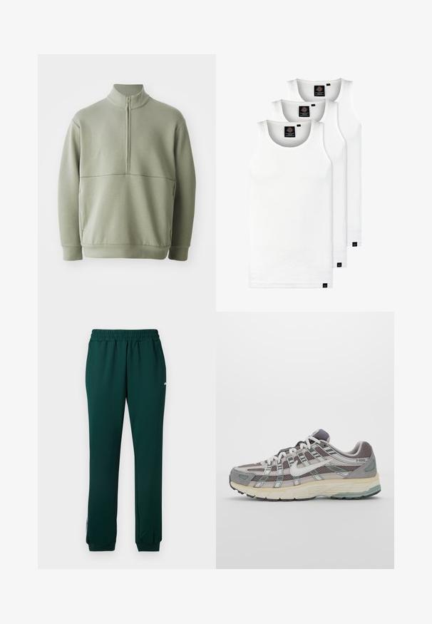 Lichtgroene, langslijve pullover met een hoge kraag en een halve rits. Zachte textuur met een horizontale naaddetails over de borst.; Drie witte geribde tanktops van katoen. Kenmerken zijn een ronde hals en kleine zwarte labels nabij de zoom. Verkrijgbaar in meerdere maten.; Donkergroene sweatpants met een elastische tailleband, zijzakken en boorden bij de enkel. Gemaakt van een gladde, rekbare stof.; Grijze sportieve schoen met een bovenwerk van mesh en suede, witte accenten, een gevoerde zool en een onderscheidend ontwerp met reflecterende elementen.