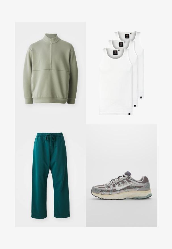 Svetlo zeleni pulover z dolgimi rokavi, visokim ovratnikom in polnim zadrgo. Mehak material z vodoravno šivano podrobnostjo čez prsi.; Tri bele rebraste majice brez rokavov iz bombaža. Imajo okroglo izreza in majhne črne etikete blizu roba. Na voljo v več velikostih.; Turquoise široke hlače iz mehkega blaga, s elastičnim pasom in vrvico za prilagodljivo prileganje ter gladko teksturo.; Sive športne čevlje z zgornjim delom iz mrežastega in semiš materiala, belimi akcenti, oblazinjenim podplatom ter edinstvenim dizajnom z odsevnimi elementi.
