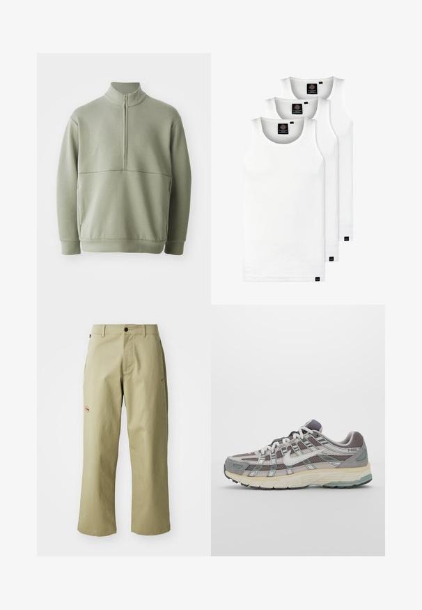 Vaaleanvihreä pitkähihainen neulepusero, jossa on korkea kaulus ja puoli vetoketju. Pehmeä pinta ja vaakasuora sauman yksityiskohta rinnassa.; Kolme valkoista ribbitekstiilistä toppia, jotka on valmistettu puuvillasta. Ominaisuuksiin kuuluu pyöreä pääntie ja pieni musta etiketti helman lähellä. Saatavilla useissa kooissa.; Khaki leveleikkaukset, jotka on valmistettu puuvillasta, varustettu napilla suljettavalla vyöllä, sivutaskuilla ja punaisella brodeeratulla Nike-logoilla sivussa.; Harmaa urheilukenkä, jossa on verkko- ja mokkanahkainen yläosa, valkoiset yksityiskohdat, pehmustettu pohja ja erottuva muotoilu heijastavilla elementeillä.