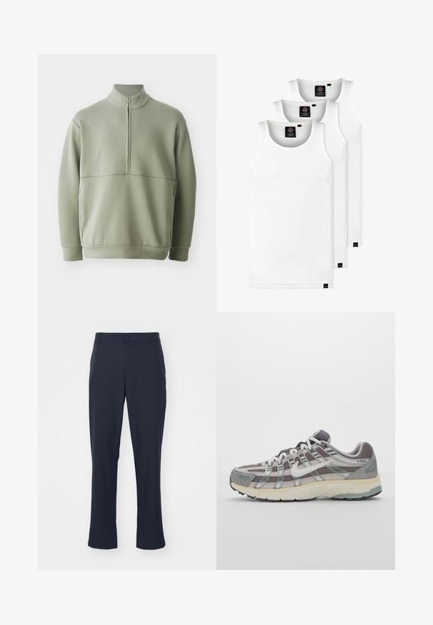 Light green, long-sleeve pullover with a high collar and half zipper. Soft texture with a horizontal seam detail across the chest.; Three white ribbed tank tops made of cotton. Features a crew neck and small black labels near the hem. Available in multiple sizes.; Navy blue, tailored trousers in polyester blend material. Features a button closure, side pockets, and a straight leg design.; Gray athletic shoe featuring a mesh and suede upper, white accents, a cushioned sole, and a distinctive design with reflective elements.