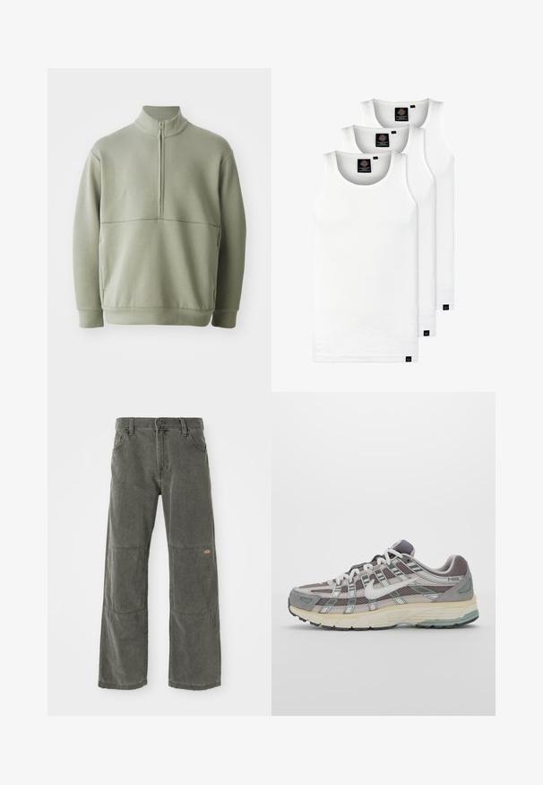 Lys grønn, langermet genser med høy krage og halv glidelås. Myk tekstur med horisontal sømdetalj over brystet.; Tre hvite ribbestrikkede tank topper laget av bomull. Har en rund hals og små svarte etiketter nær kanten. Tilgjengelig i flere størrelser.; Mørkegrå vide bukser lavet af holdbart stof, med knælapper, klassisk frontknaplukning og syede detaljer.; Grå treningssko med overdel i nett og semsket skinn, hvite detaljer, en polstret såle, og et særpreget design med reflekterende elementer.